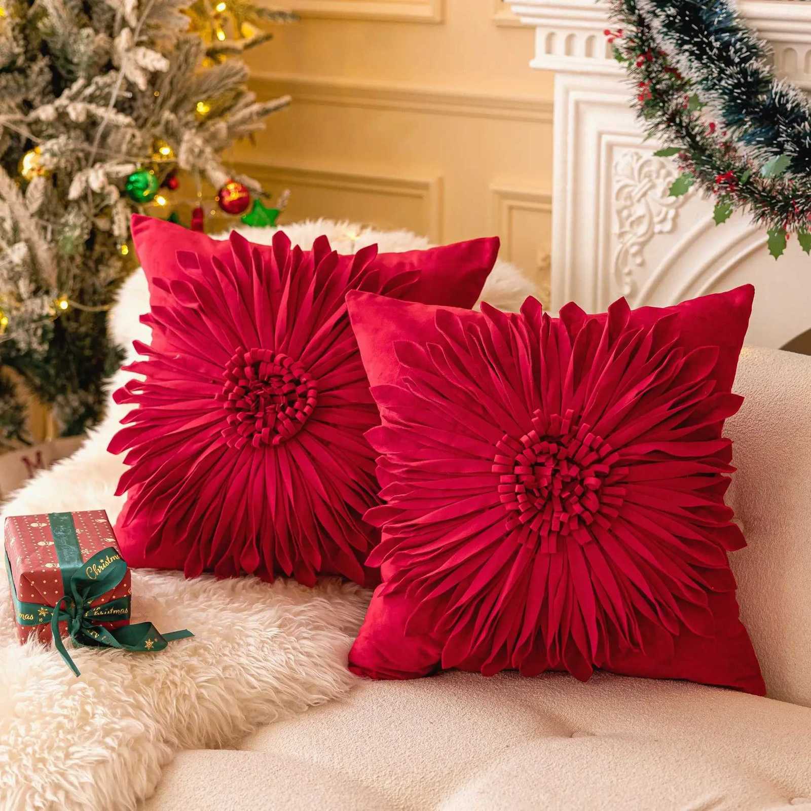 Light Luxury Christmas Plaid Sofa Pillow Cover Cojines Polyester Three-Dimensional Flower Red Throw Pillow Cushion Cover 45x45cm Y251105