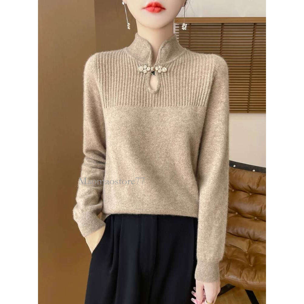 Women Merino Wool Sweater Mandarin Collar Pullover Chinese Style Cashmere Bottoming Knitwear Retro Long Sleeve Clothing Tops Designer Sweater Bear Swe
