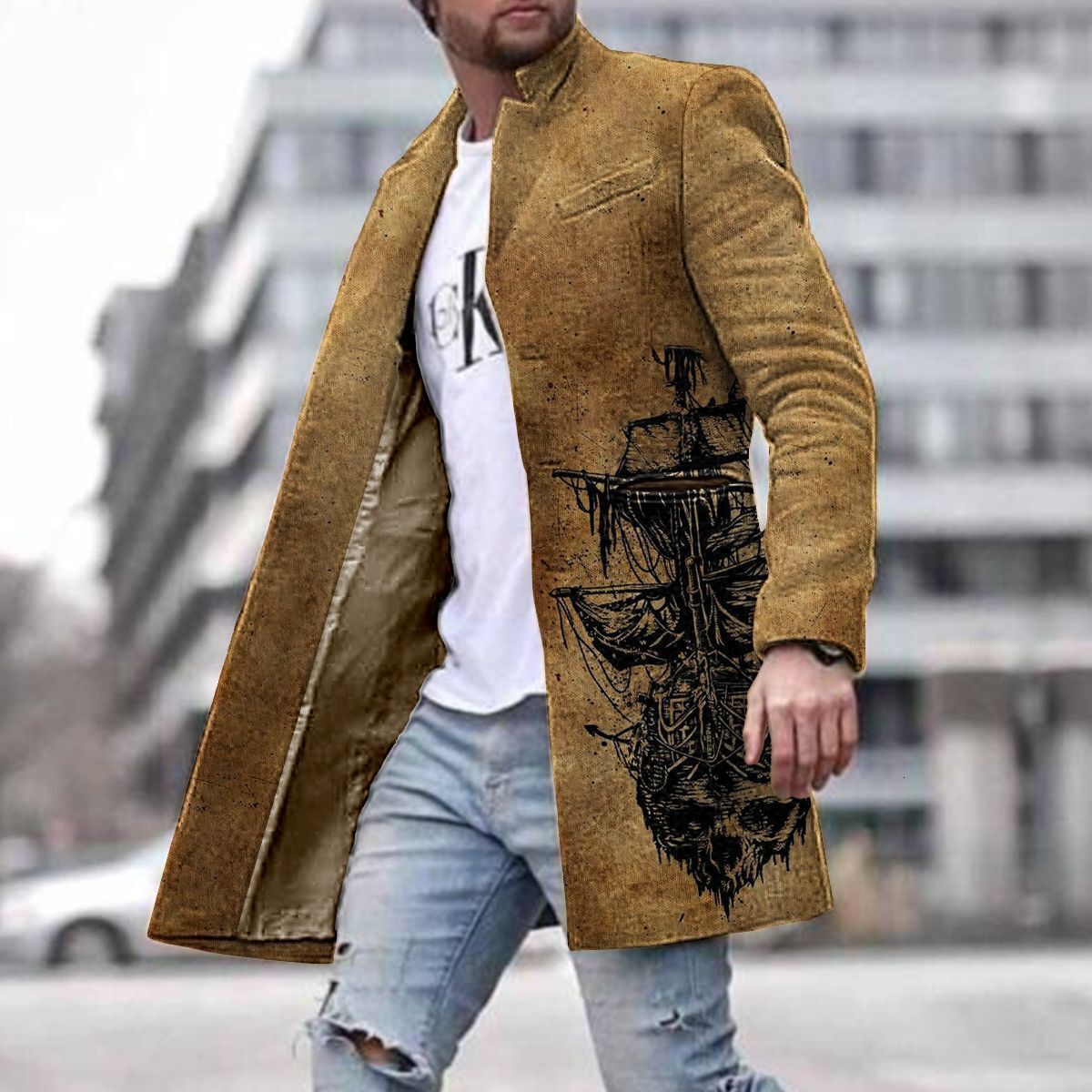 Spring new mens street youth woolen stand collar mid length pocket casual mens coat mens