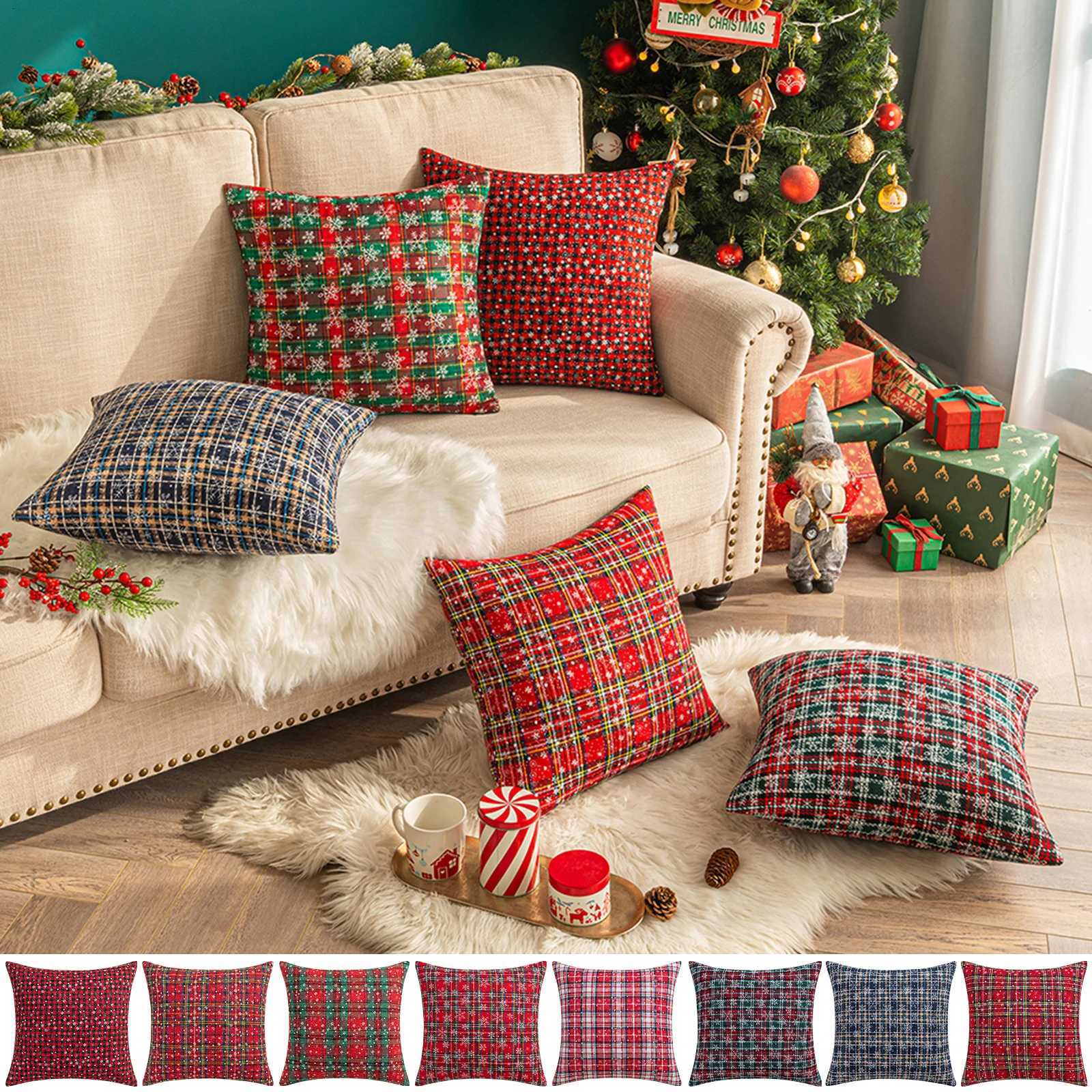 45x45cm Square Pillow Cases Christmas Scottish Tartan Plaid Cushion Covers Bed Sofa Pad Party Decor Snowflake Throw Pillow Cover Y251105