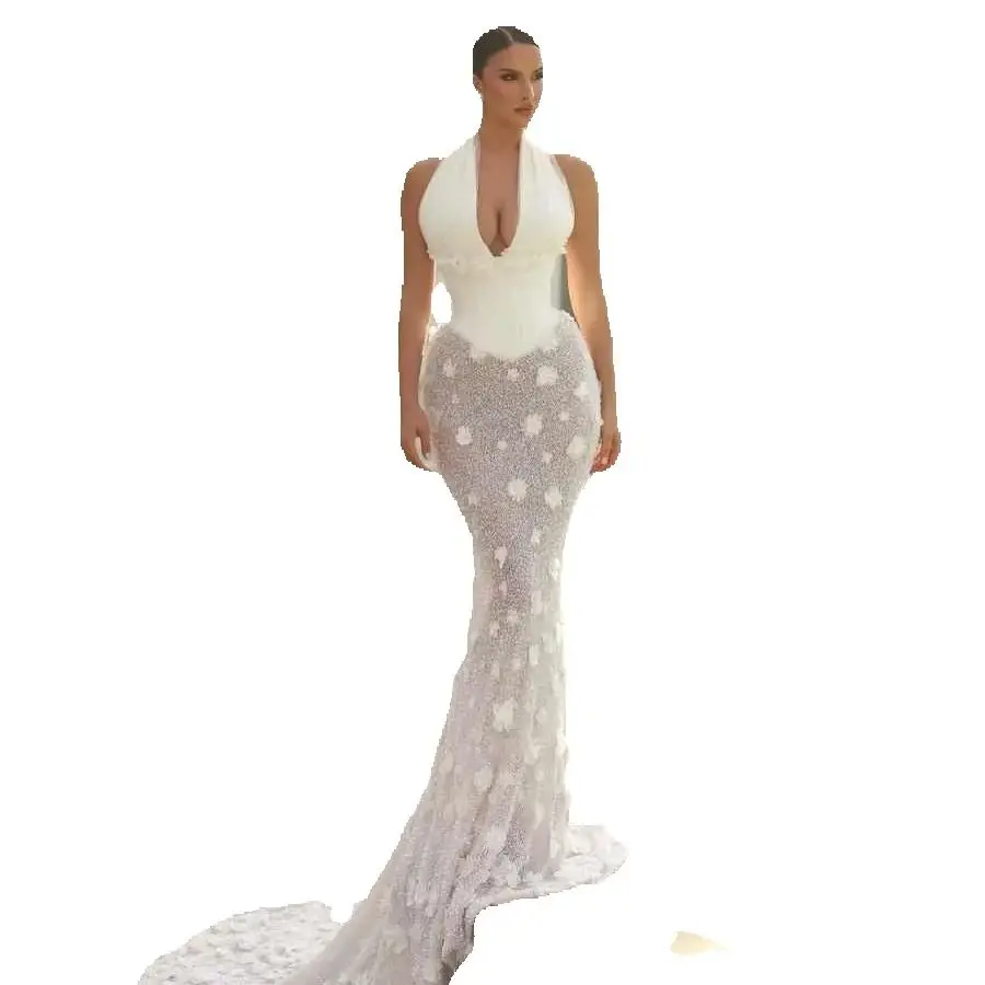 Modern Mermaid Evening Dress Hanging Neck Prom Gowns Sexy Flower Beads Satin Prom Dress vestidos de novia Plus Size Customized Robes De Mariee L252958