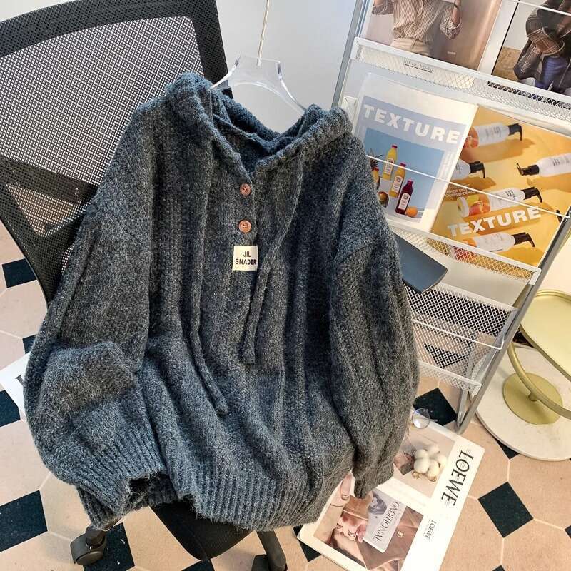 Lazy Style Gray Hooded Sweatshirt Women New Hot Autumn Winter Knitted Long Sleeve Top B5