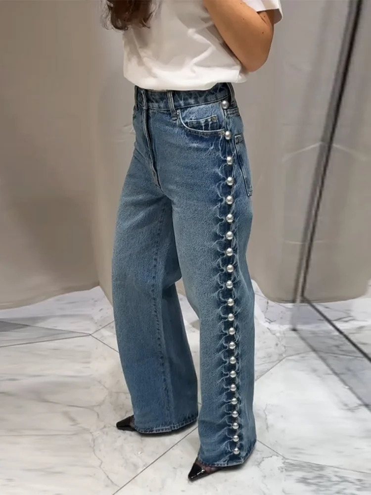 Street Fashion Beaded Womens Jeans High Waist Pocket Straight Wide Leg Denim Pants Spring Y2k Trousers 250403