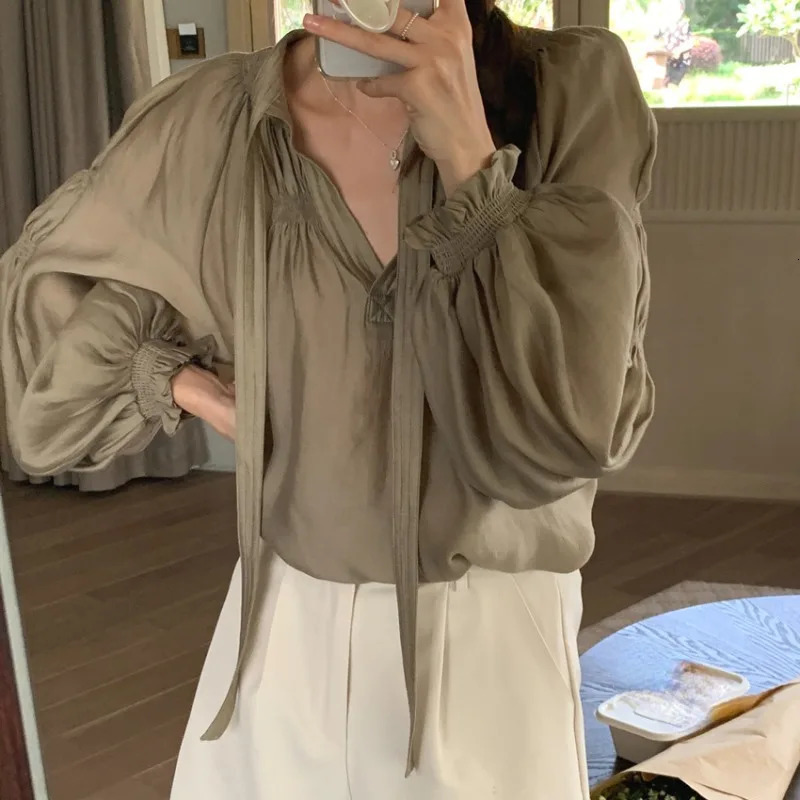 OceanLOVE V-neck Womens Shirt and Shirt Solid Color Korean Fashion Elegant Blue Womens Spring Autumn Sweet Carmicha Top 250402