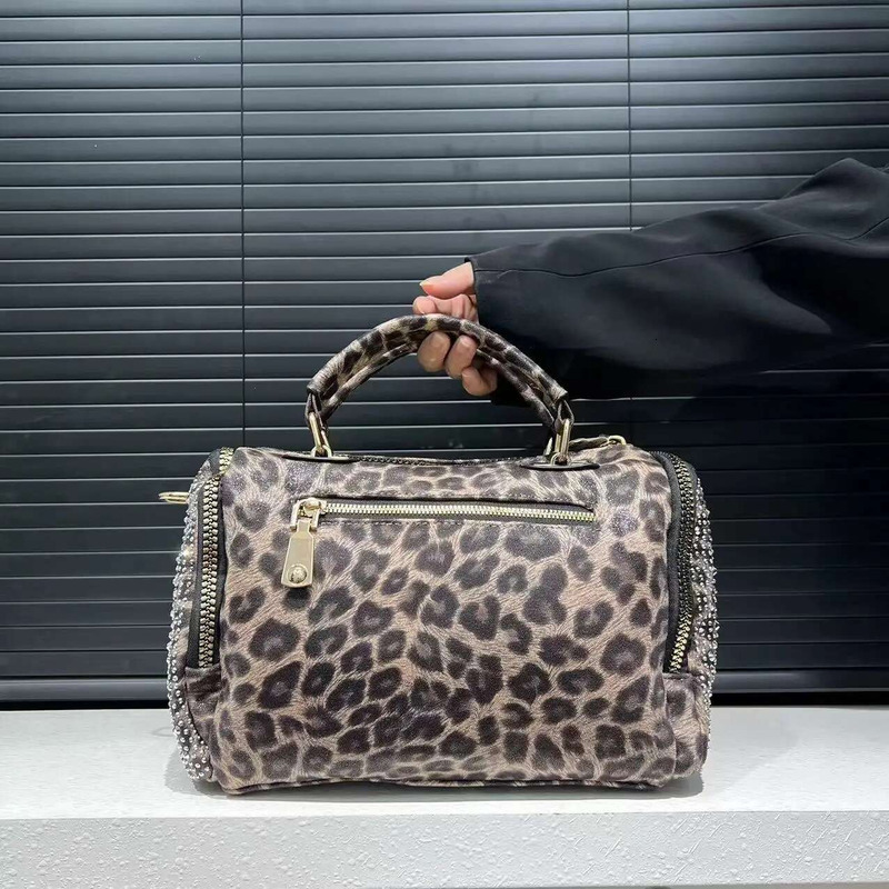 Women's Fashion Inlaid Dia Handbag Large Capacity Leopard Print Shoulder Crossbody Bag