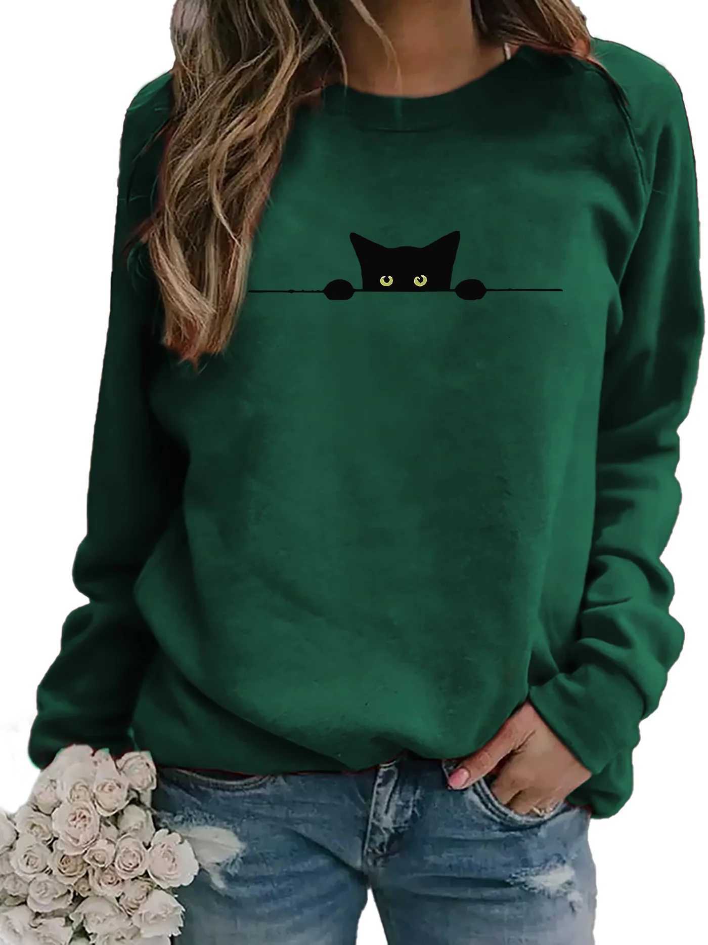 Womens Casual Blackcat Print Pullover Sweatshirt Geometric Design Long Sleeve Round Neck Machine Washable Regular Fit for AutumT251105