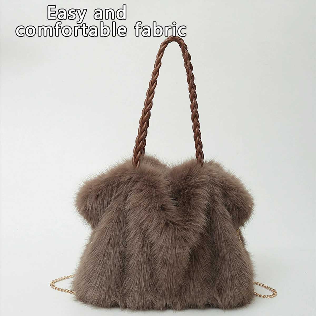 Womens Fashionable Plush Large Capacity Tote Bag High-end Pleated Fox Fur Shoulder Crossbody Bag Commuter Bag with Metal Chain Z251104