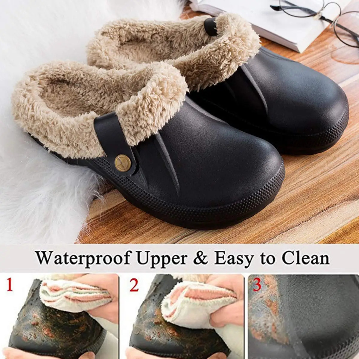 Kidmi Women Fur Clogs Slippers Fashion Fuzzy Men Garden Shoes Outdoor Waterproof House Shoes Winter Antiskid Work Men Shoes 251031