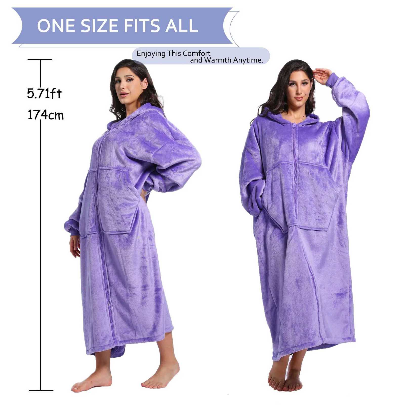 Winter casual hoodie pajamas long style with zipper and pocket comfortable and warm with thick fleece lining insideT251105