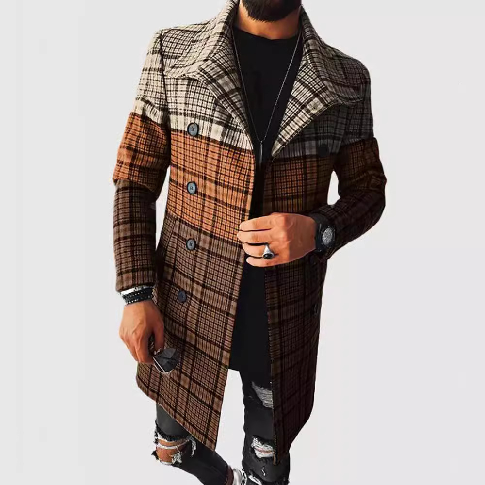 Spring new 3D digital printed mens woolen lapel plaid coat mens woolen coat mens clothing