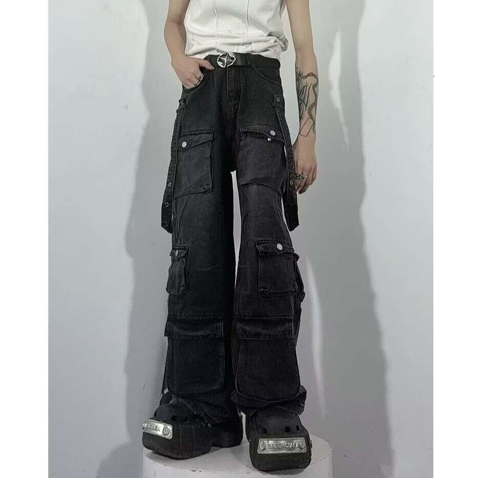 American High Street Multi-Pocket Design Sense Cargo Jeans for Men, Wide-Leg Loose Niche Washed Vintage Straight Pants