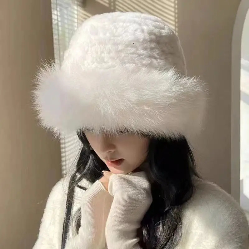 Classical Black White Fluffy Fur Women Bucket Hat Winter Thicken Plush Warm Mongolian Cap JK Korean Cold-proof Furry Basin Caps 251105