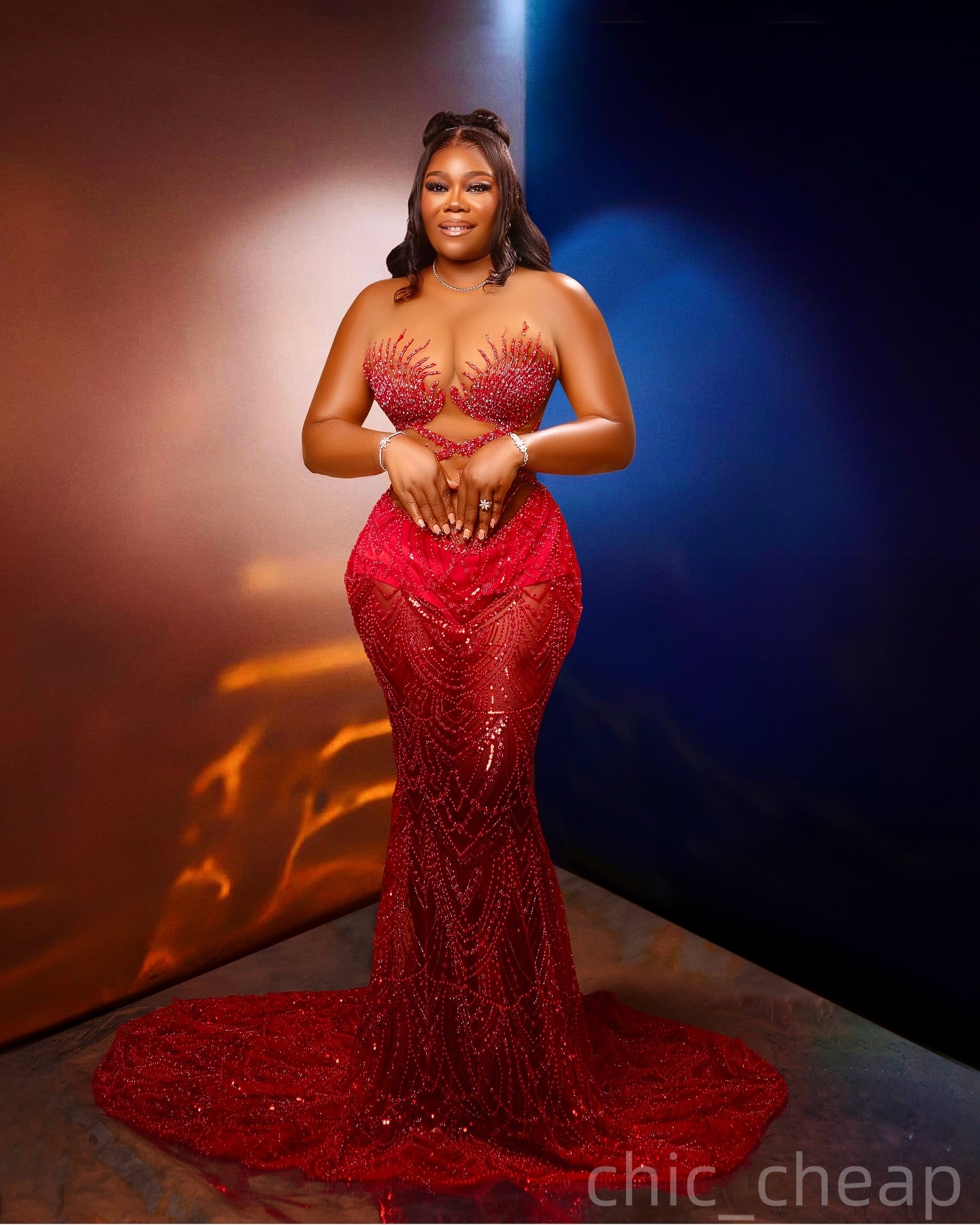 Red Mermaid Prom Dresses 2026 Sheer Neck Beaded See Through Sequined Evening Formal Party Second Birthday Engagement Gowns Plus Size Dress For Special