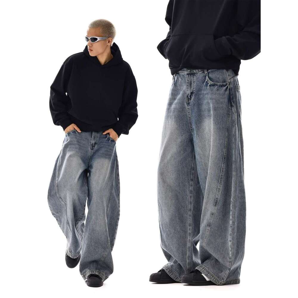 American High Street Multi-Pocket Design Sense Cargo Jeans for Men, Wide-Leg Loose Niche Washed Vintage Straight Pants