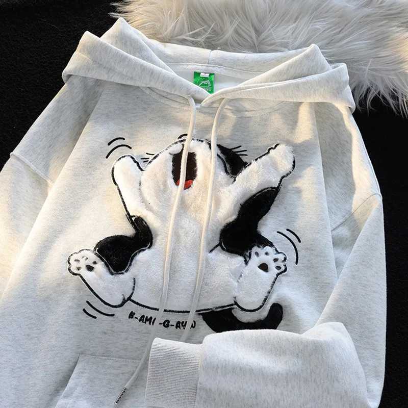 Japanese Kawaii Flock Embroidery Cartoon Cat Patchwork Hoodies Thicken Kangaroo Pocket Baggy Street Sweatshirt All-Matching TopT251105