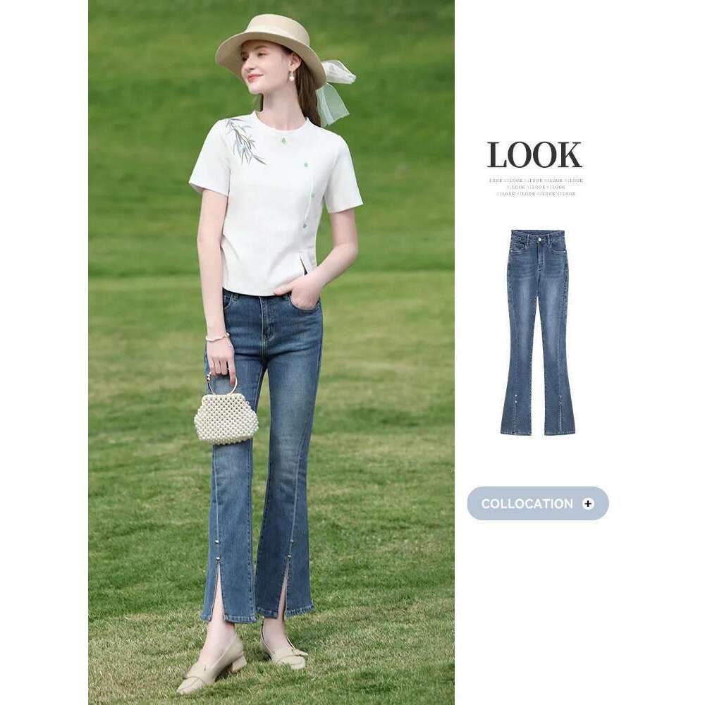 White Chinese Bamboo Embroideryt-Shirt For Women Summer 2025 Waist Short Sleeve Tees Side Hem Slit Tops