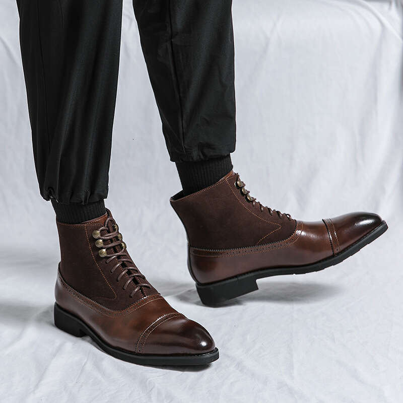 High cut business mid length leather boots, oversized personalized color polished men's shoes, autumn and winter fashionable formal attire pointe
