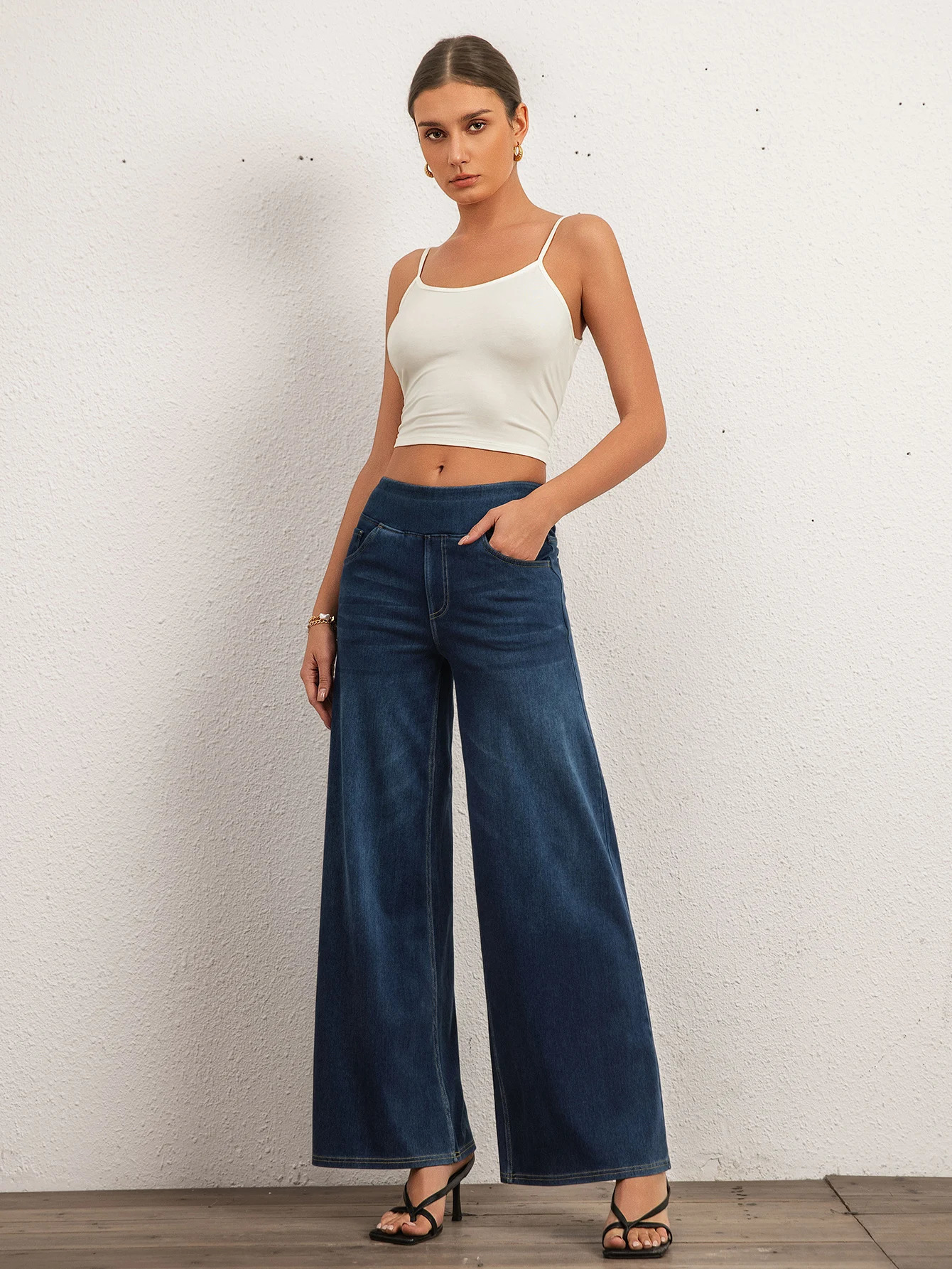 Shaspullfits Comfortable Loose Wide Leg Jeans Deep Blue Denim Pants Womens Elastic Waist 250403