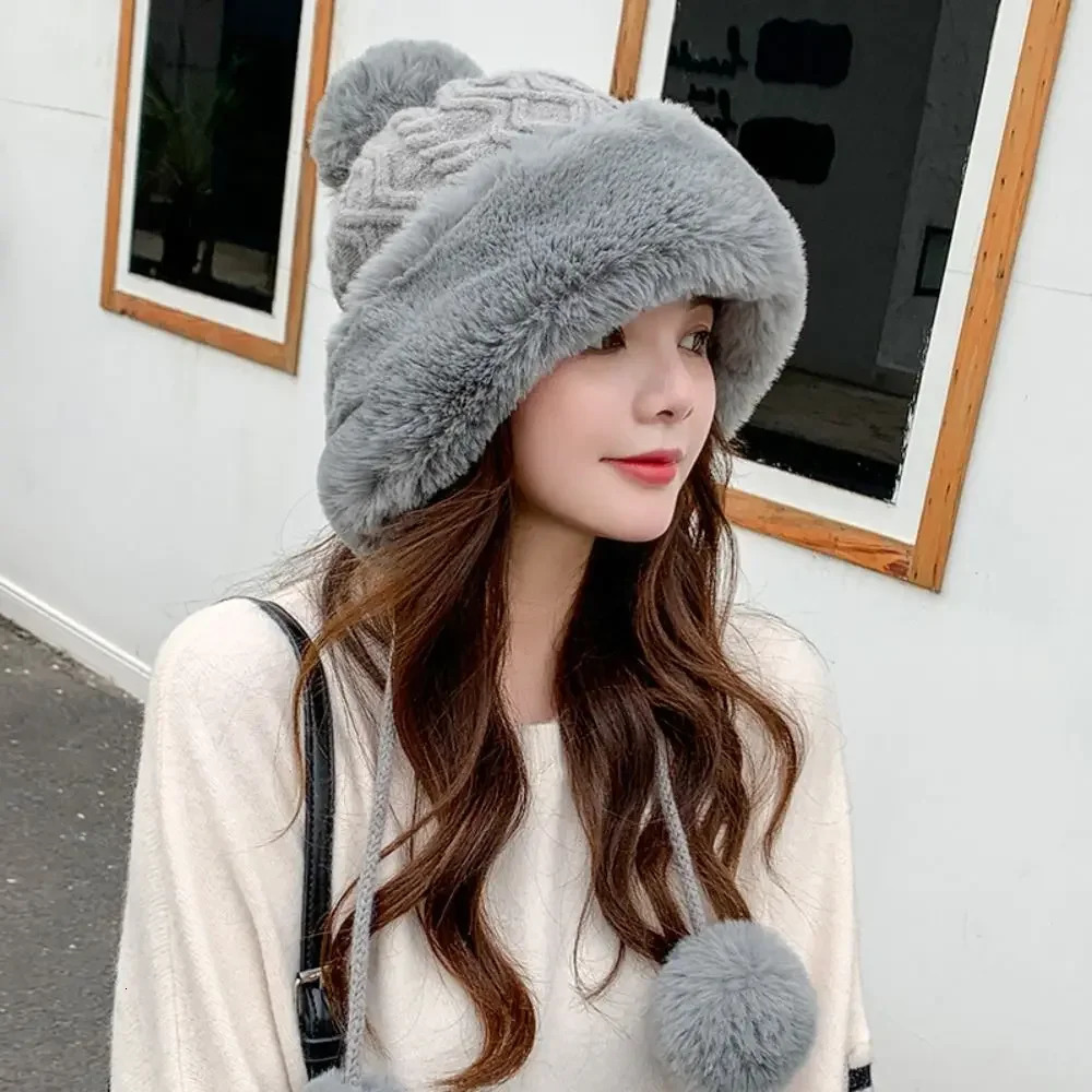 Fashion Faux Fur Knitted Bobble Beanie Hat Cute Pom Ball Cossack Skiing Furry Cap Winter Thicken Warm Coldproof 251030