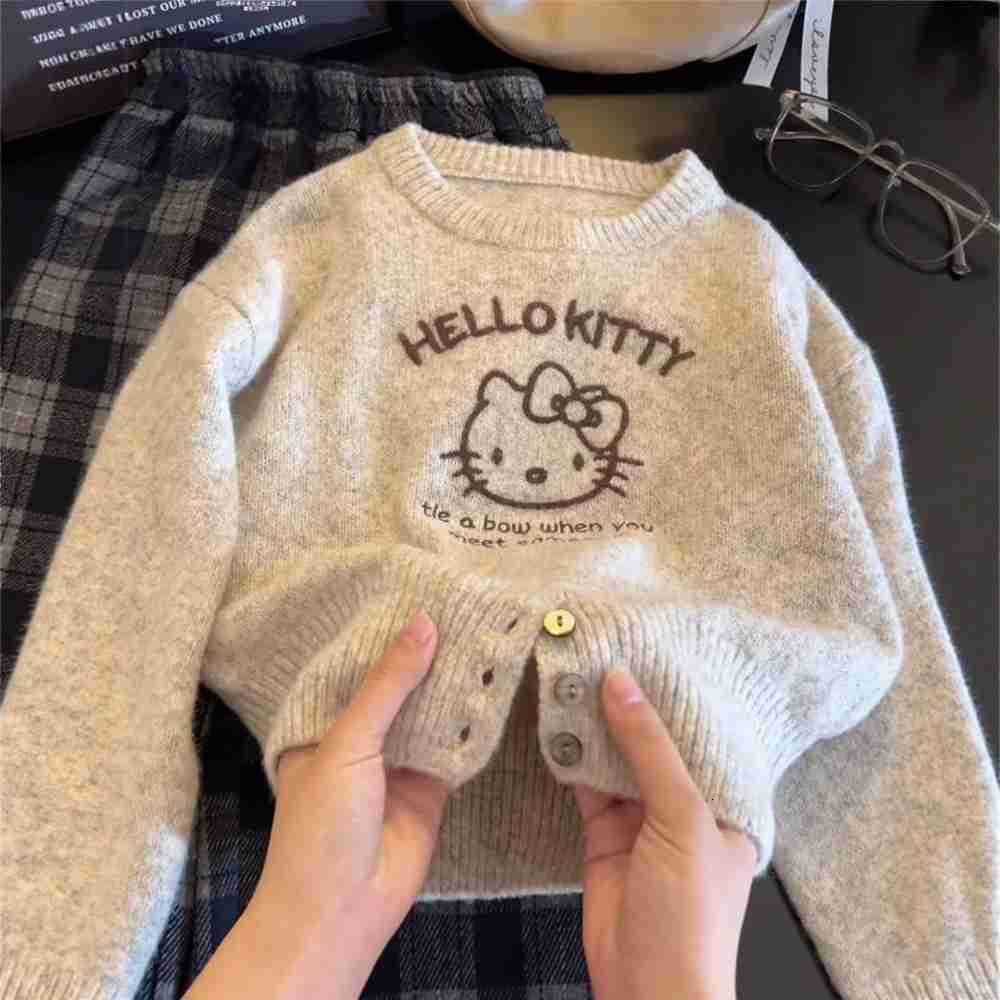 Sanrio Girls Sweater Autumn 2025 New Korean Style Hello Kitty Knitted Sweater Autumn Childrens Knitwear Coat Top H251105