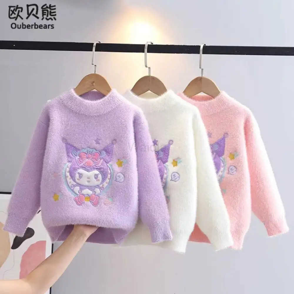Sanrio Kuromi Girls Crew Neck Sweater Autumn Winter Thicken Knitted Sweater Kawaii Child Plush Pullover Cute Fashion Jacket Gift H251105