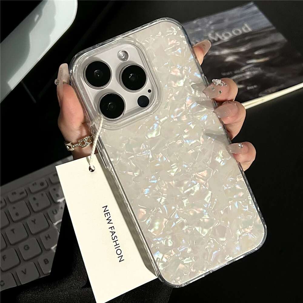 Glossy Shell Pattern Case For iPhone 16 Pro Max 15 14 Plus 13 12 11 Aurora Laser IMD Shockproof Protection Cover