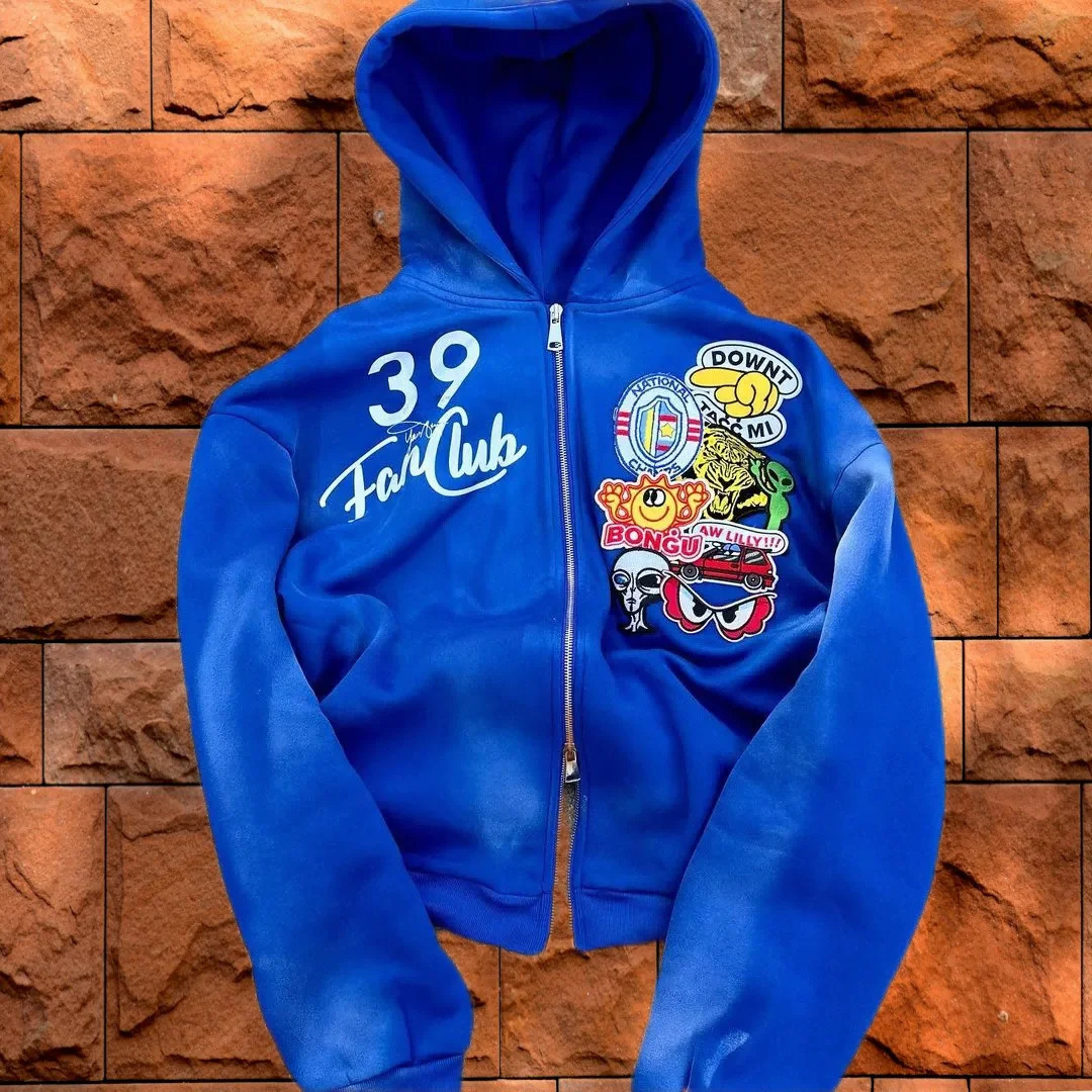 Street style hip-hop pink printed mens and womens sportswear with long sleeves Y2k top zipper hooded sweatshirt 250402