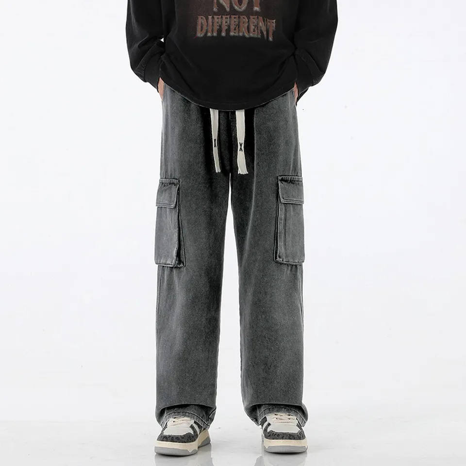 Retro Y2K pocket jeans mens American streetwear straight denim cargo pants solid wash elastic waist Pantalones 250402