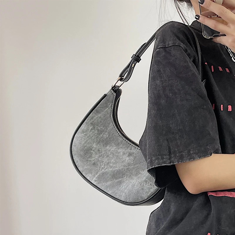 Casual Women Half Moon Underarm Bags Gray PU Leather Hobos Shoulder Bag for Female All Match Ladies Crossbody Bag Purse Handbags 251104
