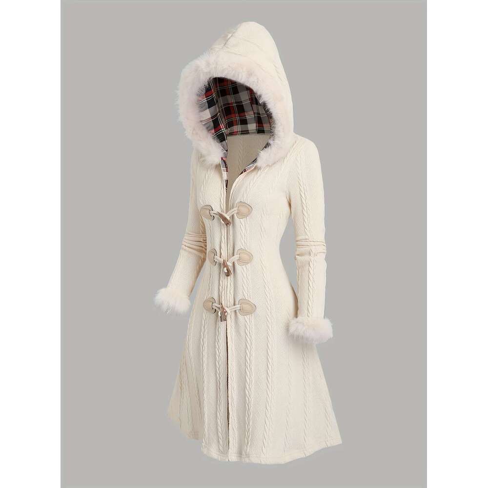 Size, Women's Elegant Oversized Hooded Long Jacket Trim, Front Closure, Plaid Pattern Tartan Check Hine Washable Fall/Winter Beige/Black/White/Gr