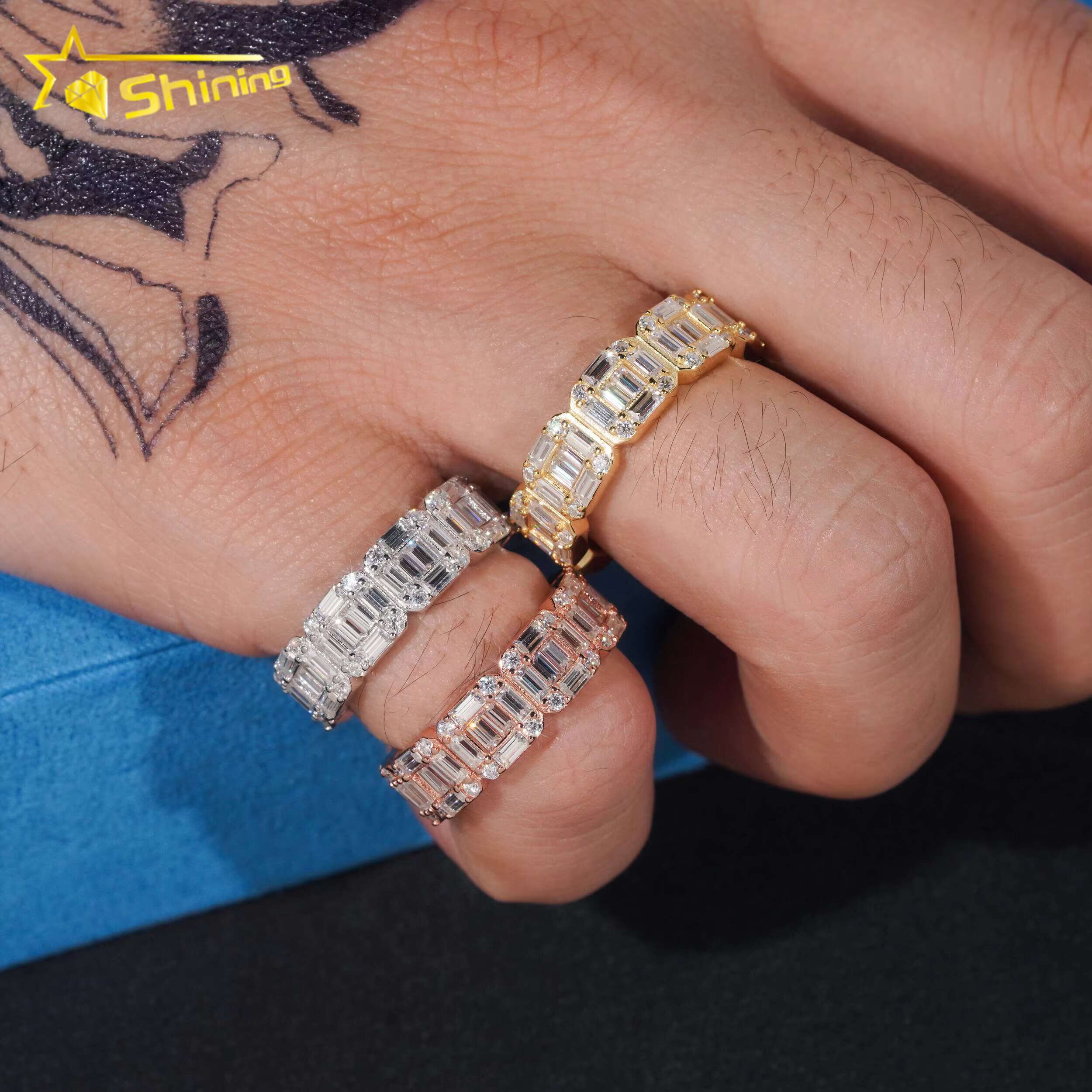 Certified 925 Sterling Silver Gold Plated Hip Hop Jewelry Baguette VVS Diamond Moissanite Hip Hop Band Ring