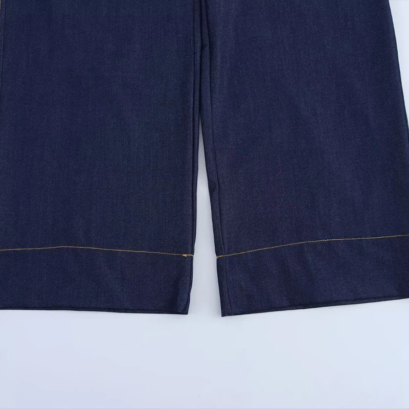 Willshela Womens Fashion Denim Blue Folded Front Zipper Straight Pants Jeans Retro High Waist Full Length Trouser 250403