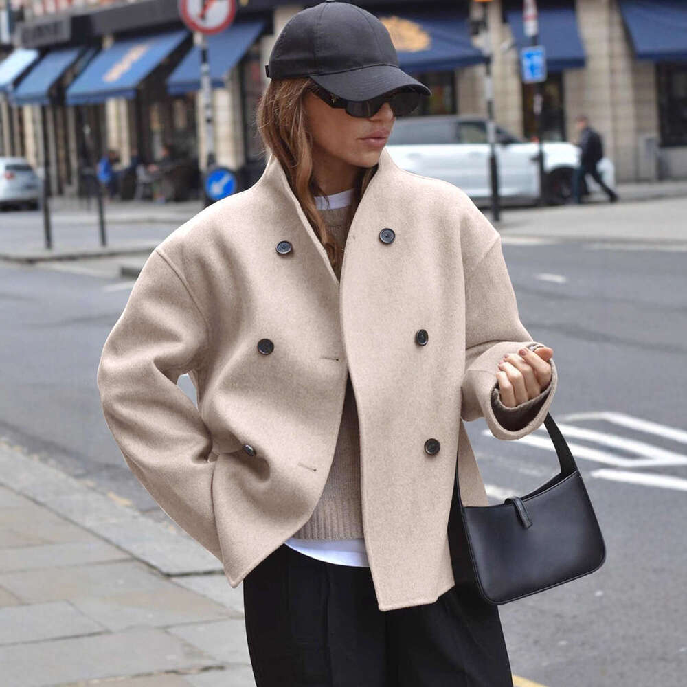 European Size Cross-Border In-Stock Double-Breasted Solid Color Wool Coat Casual Elegant British Style Versatile Women's Top