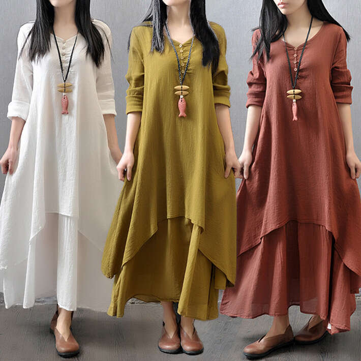 Spring And Autumn New Fake Two-Piece Artistic Flared Loose Long Sleeve Cotton Linen Dress B5