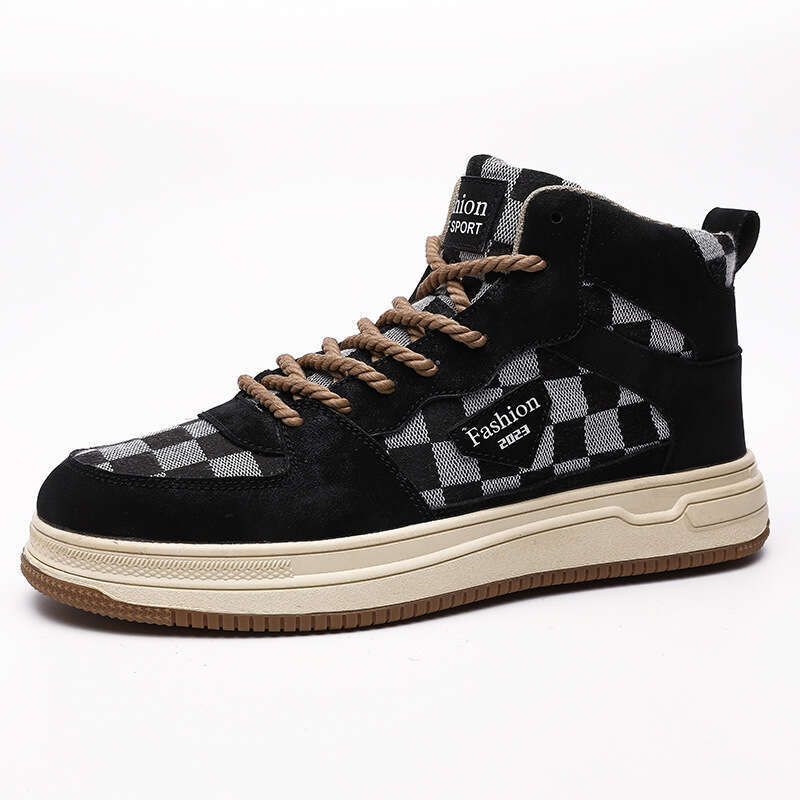 Autumn Student High Top Board Lace up Plaid Sports Men's Large Casual Canvas Shoes