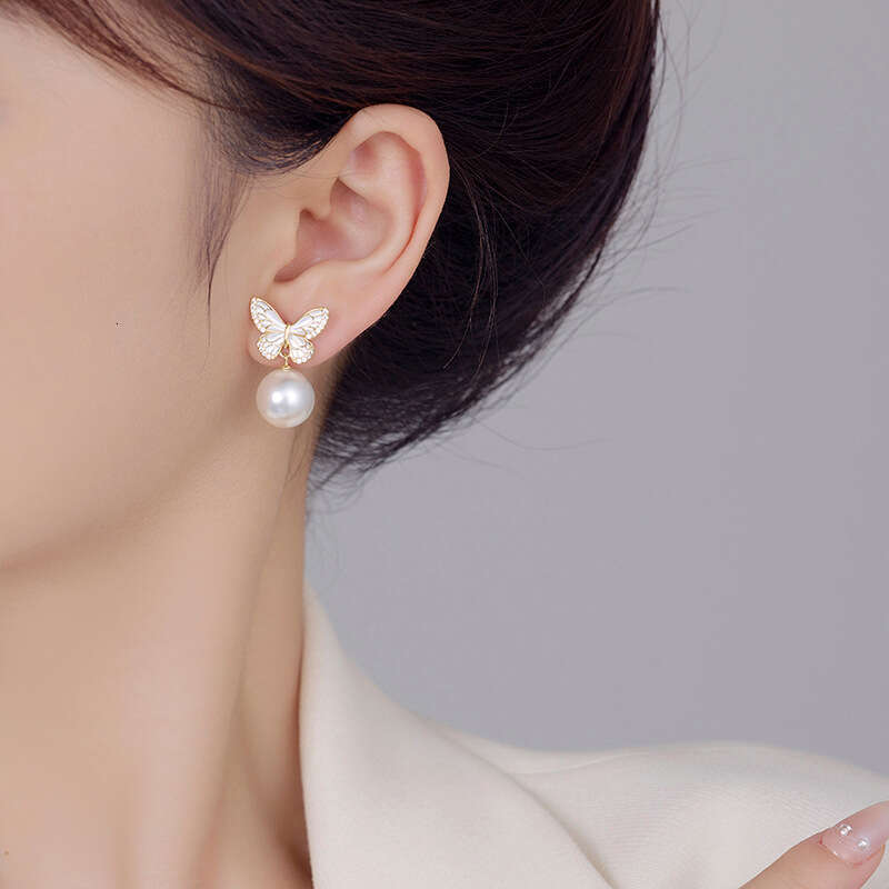 New White Butterfly Zircon Pearl Gentle Sweet Ins Style 925 Silver Needle Fashionable Elegant Stud Earrings