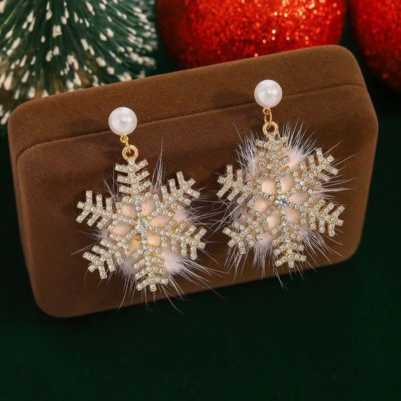 Lovely Zircon Snowflake Pearl Charm Earring For Women Christmas Flocking Hairball Bowknot Stud Earrings Year Party Jewelry 251131
