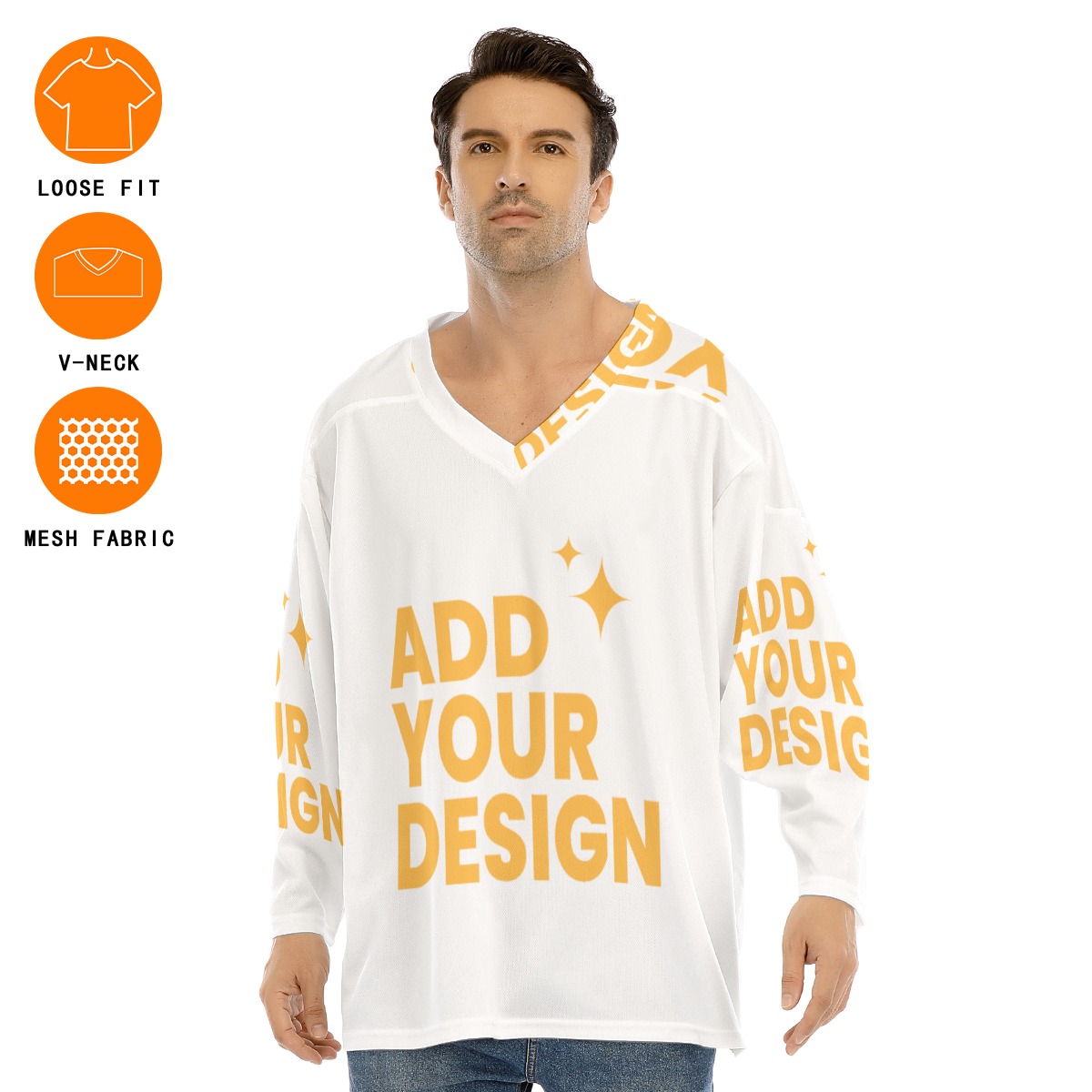 Men's V-neck Ice Hockey Jersey, All-Over Print Long Sleeve Sports Shirt, Custom Team Uniform 100% Polyester Loose Fit