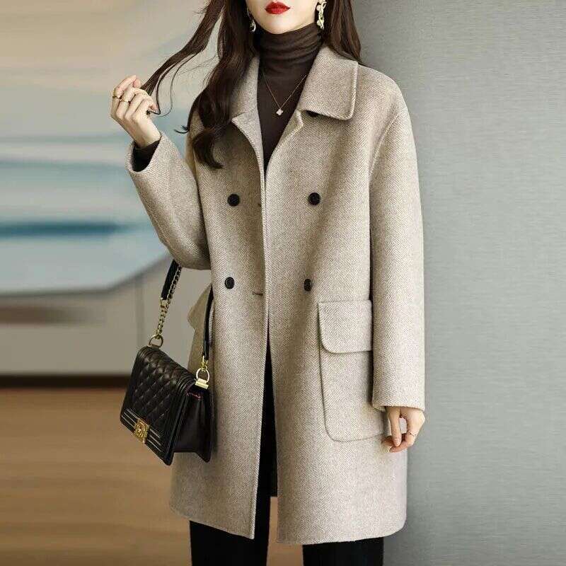 Autumn Winter New Thickened Korean Style Slim Fit Mid-Length Wool Coat For Women B5