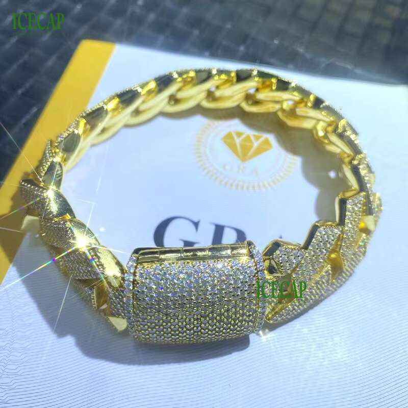 Ice 20MM Full VVS Moissanite Hiphop Cuban Link Chain 925 Sterling Silver Solid 18K Gold Plated Miami Cuban Chain Bracelet