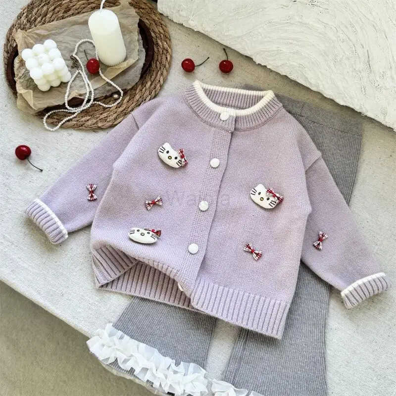 Sanrio Hello Kitty Kids Sweater Girl Cartoon Kawaii Fashion Cardigan Bow Knit Sweet Coat Spring Autumn Clothes Girls Gift New H251105
