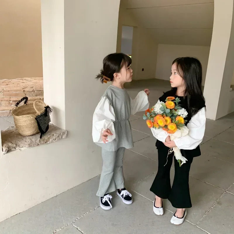 8405 childrens clothing set girls autumn Korean fashion 2piece patch work clothes topflash pants 250325z