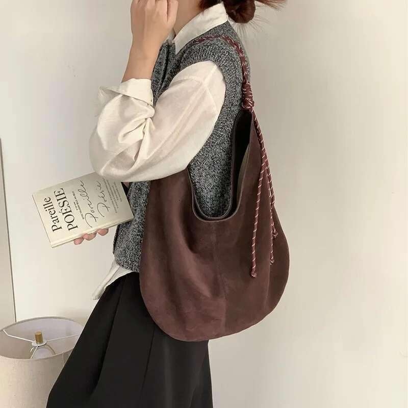 Winter Leisure Stylish Sennit Handle Large Tote Huge Genuine Suede Leather Women Handbag Soft Touch Warm Travel Shoulder Bag