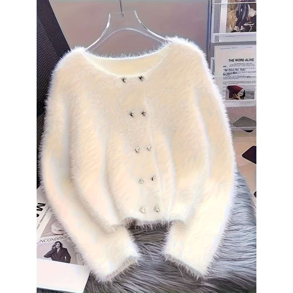 Elegant Fur Cardigan Plus Size Women's Elegant White Faux Fur-Lined Cardigan | Button-Front Sweater With Black Buttons, Round Neck Long Sleeve Fa