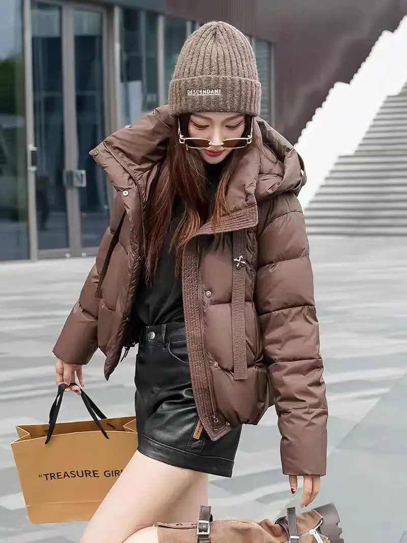 Schinteon Women Belted Down Jacket with Hood Autumn Winter Warm Thick Outwear White Duck Down Casual Coat 2025 NewT251105