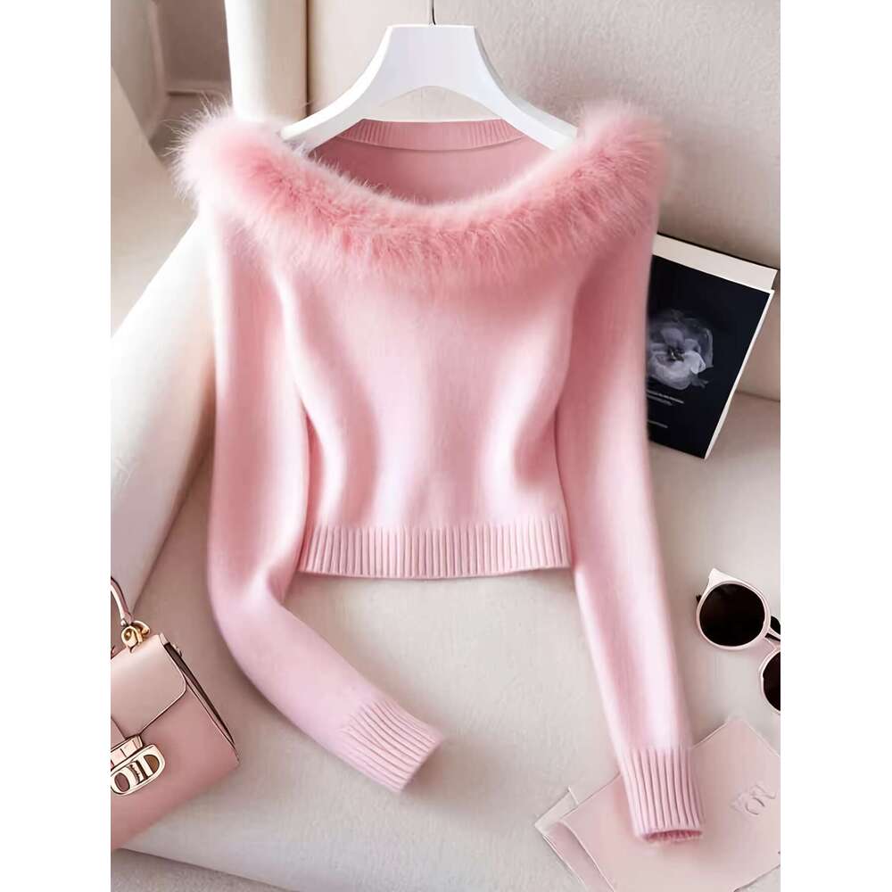 Women's French-Inspired Elegant Off-The-Shoulder Sweater With Faux Fur Trim - Soft Pink Long Sleeve Top, Medium Stretch For All-Season Casual & F