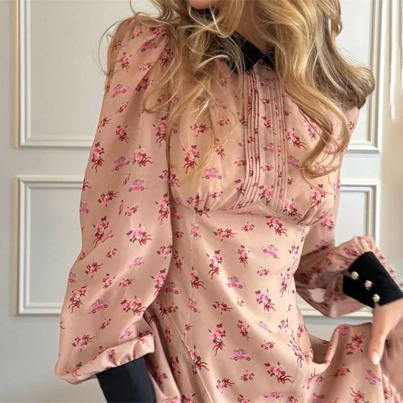 Ticketsx Fashion Contrast Printed Dress Women Lapel Ruched Patchwork High Waisted Dress Elegant New Birthday Party Commute Dress J251105