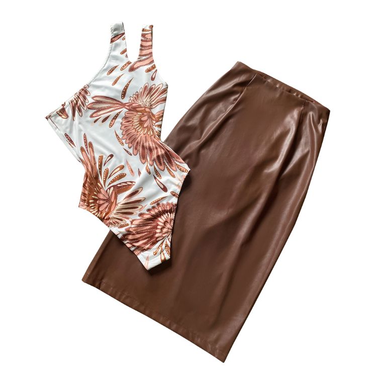 Chic Casual Wear for Her: Designer Polyblend Outfits Collection Rust-Colored Halterneck Blouse w/ Tapered Bottoms---1764