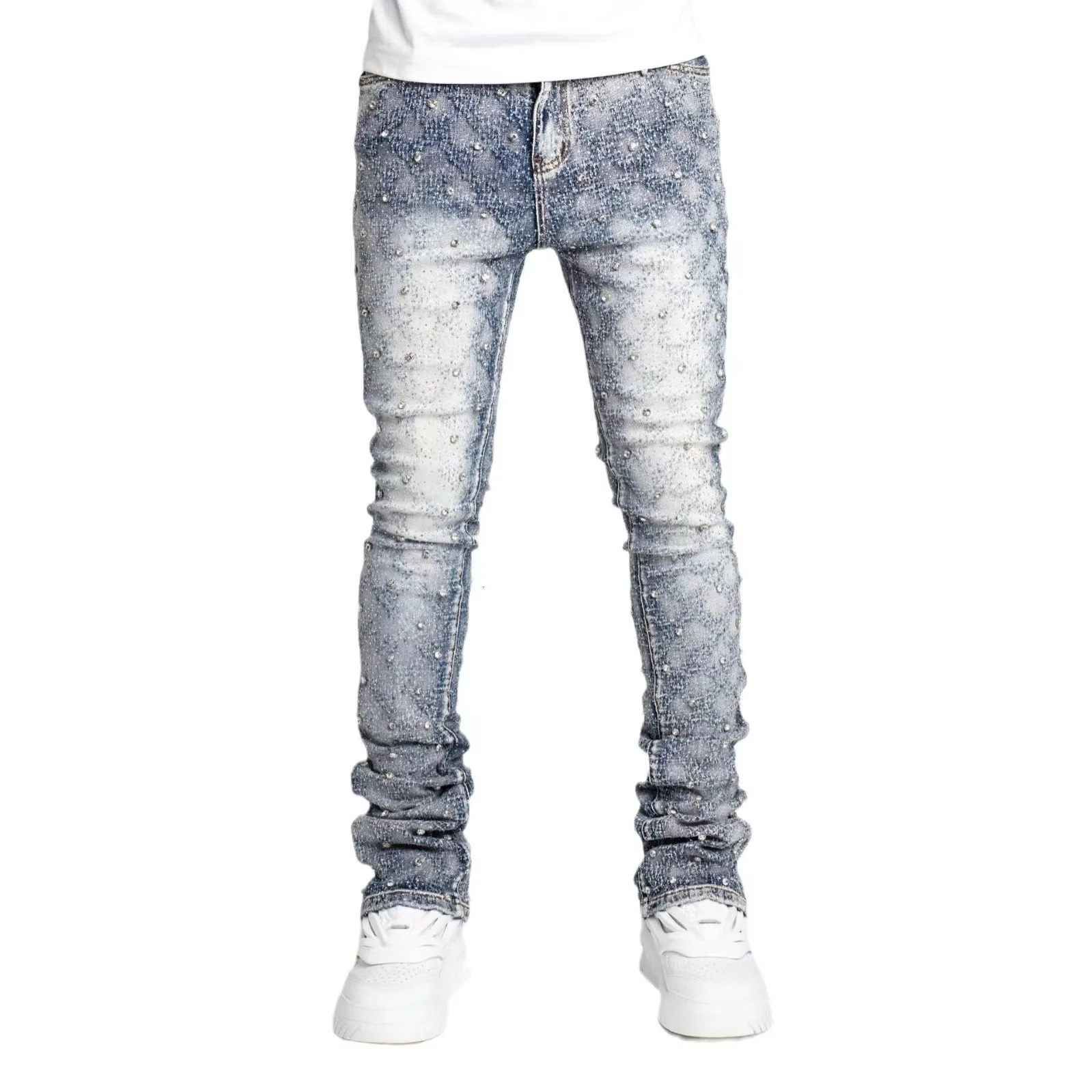 Mens Denim Fashion Personal Straight Leg Mens Trouser European and American Fashion Elastic Pearl Denim Layered Pants 250402