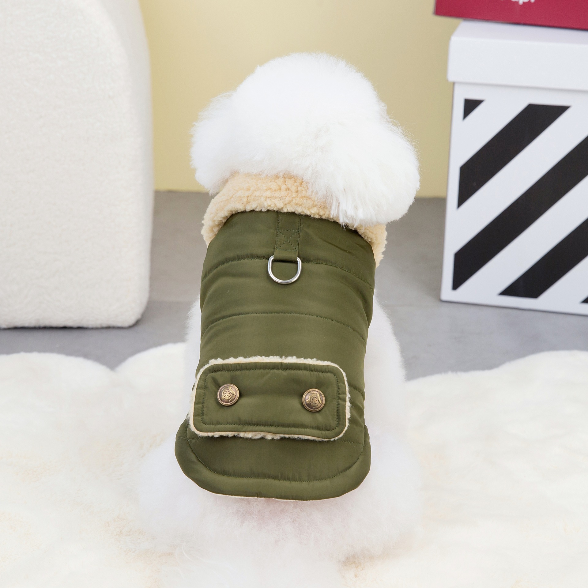 Warm Fleece Collar Pet Vest, Padded Winter Coat for Small Dogs Cats, Stylish Green & Beige Pet Jacket with D-Ring & Pocket, Suitable for Poodle, Bicho